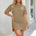 thumbnail image 5 of Iyufng Dresses for Women Women's Summer T-Shirt Short Dress Casual Solid Color Round Neck Short Sleeve Loose Fit Slit Mini Dress, 5 of 9
