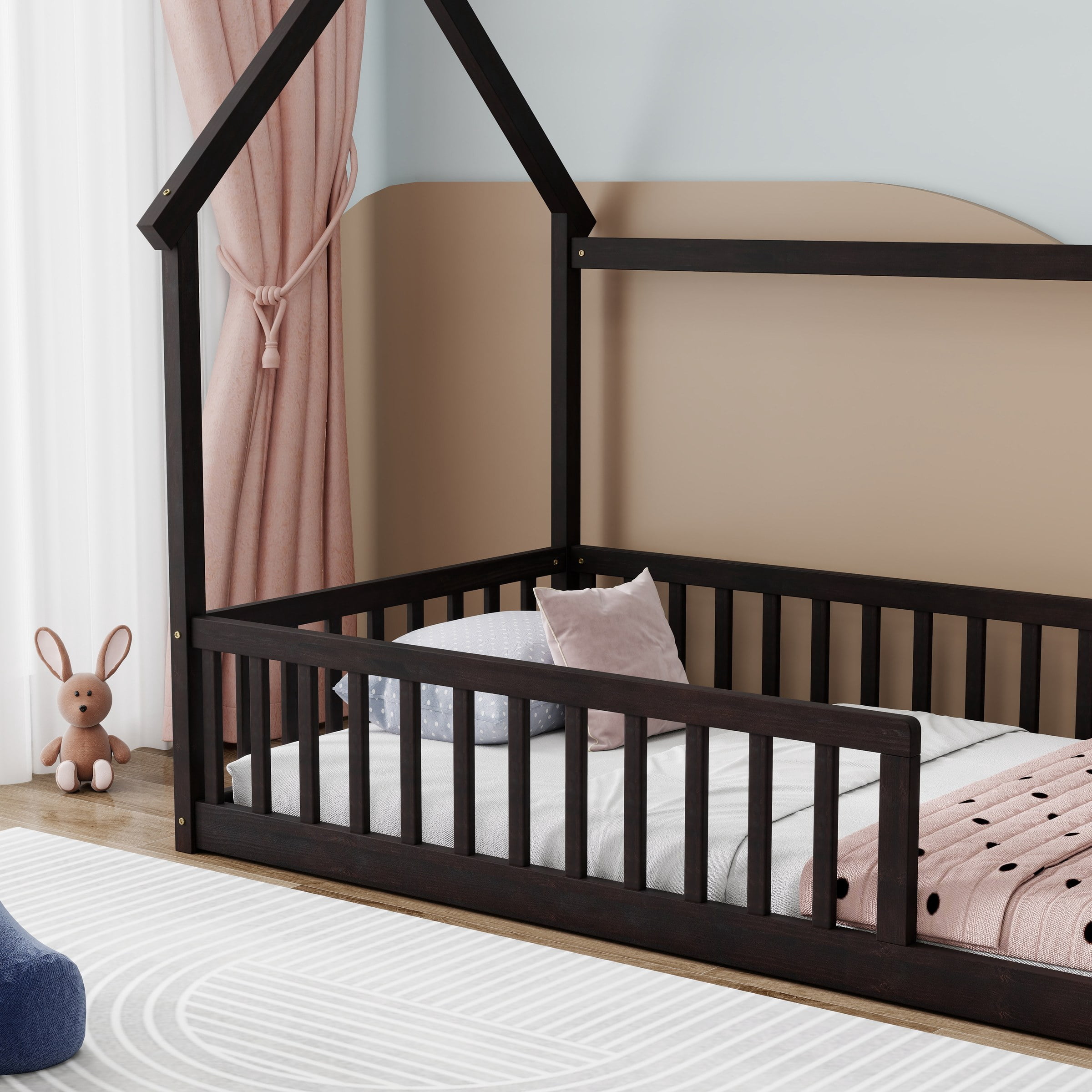 Twin Size House Floor Bed with Roof Frame, Pine Wood Floor Bed with Safety Guardrails, Espresso