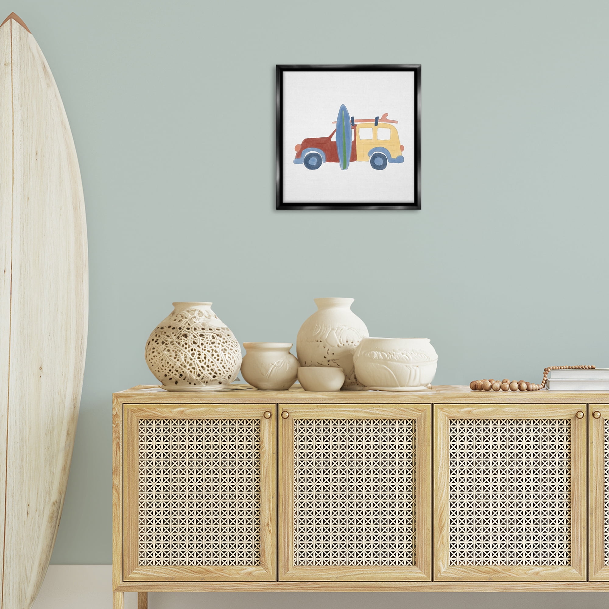 Stupell Industries Summer Beach Wagon Transportation Painting Black Floater Framed Canvas Art Print Wall Art, 18 x 18