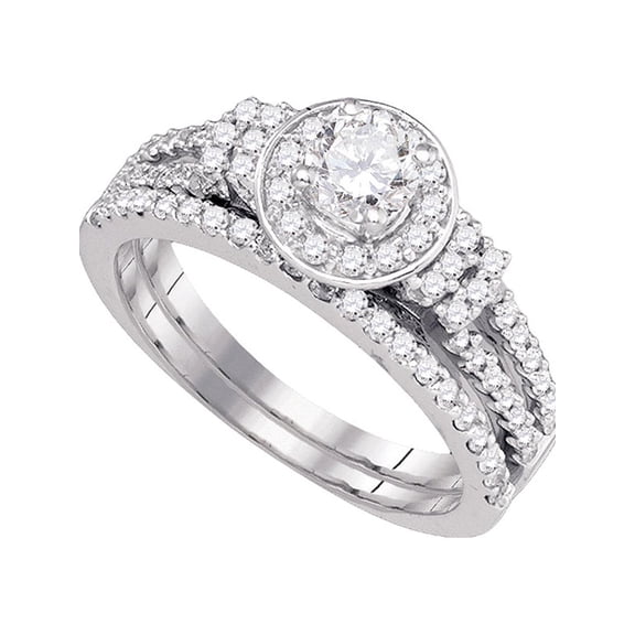 14kt White Gold Womens Round Diamond Halo Bridal Wedding Engagement Ring Band Set 1.00 Cttw