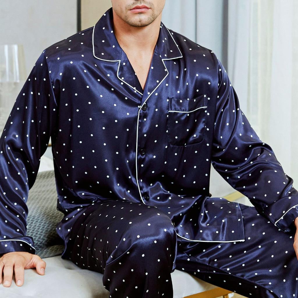 LONXU Men's Pajamas Sets Polka Dots Soft Sleepwear Long Sleeve ...