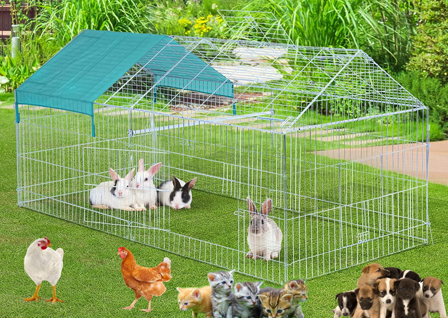 Portable Chicken Run Hen Coop,Walk-in Poultry House,Outdoor Gardening Net,Easy-up Small Animals Enclosure for Protecting Pet and Plant with Metal Frames and 10 Stakes in Backyard and Farm 