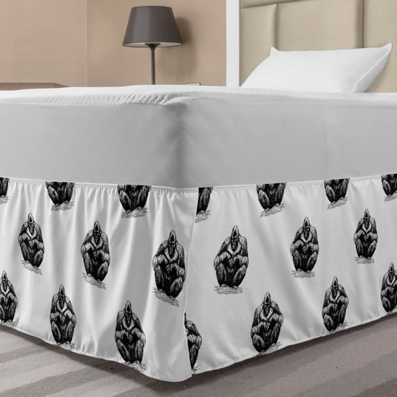 Gorilla Bed Skirt, Sketchy Grunge Style Monochrome Repetitive Pattern of Silhouettes, Elastic Bedskirt Dust Ruffle Wrap Around for Bedding Decor, 4 Sizes, Charcoal Grey and White, by Ambesonne