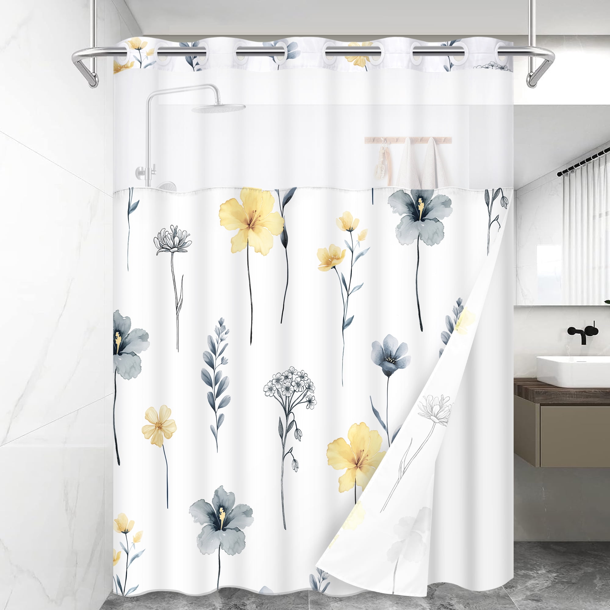 Ikfashoni Hookless Shower Curtain with Snap in Liner, Yellow Watercolor Flowers No Hook Waterproof Bath Curtain, 71"X74"