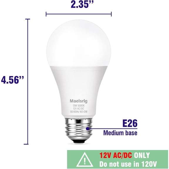 OPVM-LED 12V Light Bulb, 100W Equivalent, Soft White 2700K, 13W 1200 Lumens, 12 Volt AC/DC, Non-Dimmable, E26 Base, Low Voltage Light Bulbs for Boat, RV, Shed, Off Grid Cabin, and Solar Power, 4-Pack