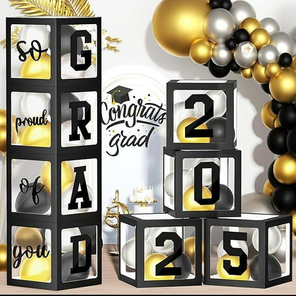 Graduation Decorations 2025, 4 Pcs Graduation Balloon Boxes with 20 Pcs Balloons, Class of 2025 Grad Party Decorations for High School College (Black)