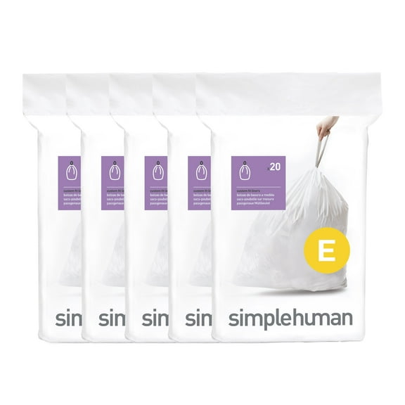 simplehuman Code E Custom Fit Drawstring Trash Bags in Dispenser Packs, 100 Count, 20 Liter / 5.3 Gallon, White