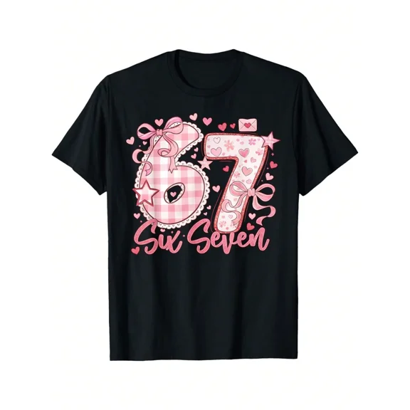 Pink Gingham 67 Six Seven Hearts Bow Graphic T Shirt For Girls Kids Cute Funny 67Th Birthday Gift Unisex Short Sleeve Cotton Tee