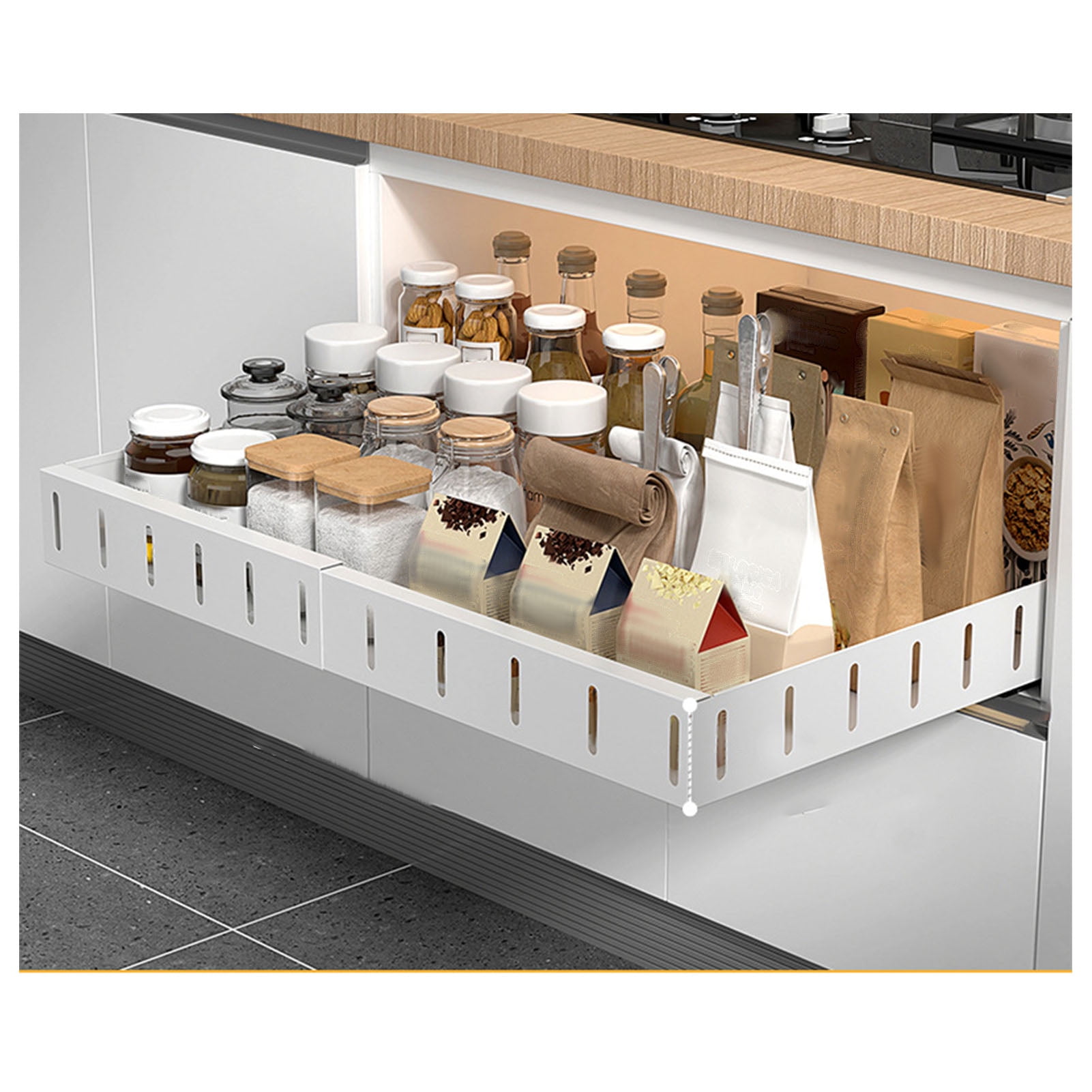 Expandable Pull-Out Cabinet Organizer Slide-Out Drawer with Dividers for Pantry and Kitchen, White
