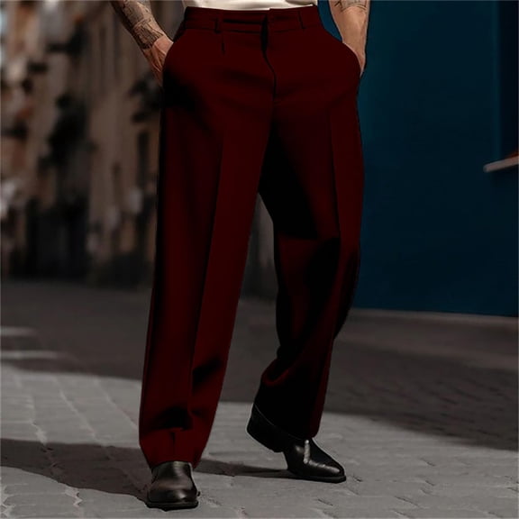 Dwellite Men's Dress Pants Slim Fit Classic Elastic Waist Straight Leg Business Casual Trousers Wine L