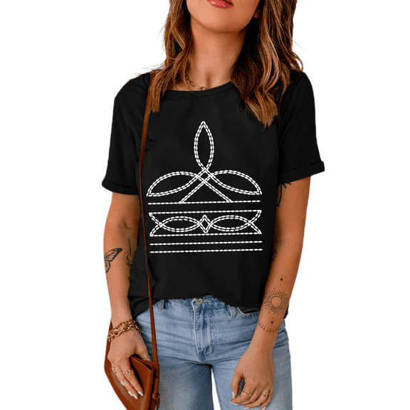 Women's Black Western Pattern Print Slim Fit Crew Neck T-Shirt