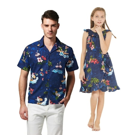 

Matching Father Daughter Hawaiian Dance Shirt Wrap Ruffle Dress Christmas Santa in Hawaii