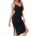 thumbnail image 4 of INSPIRE CHIC Camisones de mujer con escote en V, tirantes de encaje, vestido de noche sin mangas, con abertura lateral, lencería, camisa de noche midi, color negro, 4 of 6