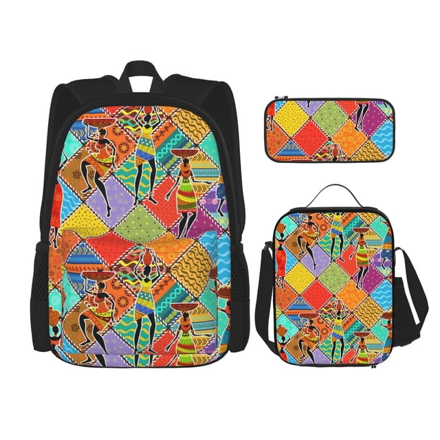 Balery Dancing African Womans Mochila escolar 3 en 1 para niños: mochila resistente con lonchera térmica y estuche para lápices. Mochila escolar para niños y niñas.