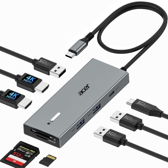 Estación de acoplamiento USB-C Acer 9 en 1 con doble HDMI 4K y Power Delivery de 100 W