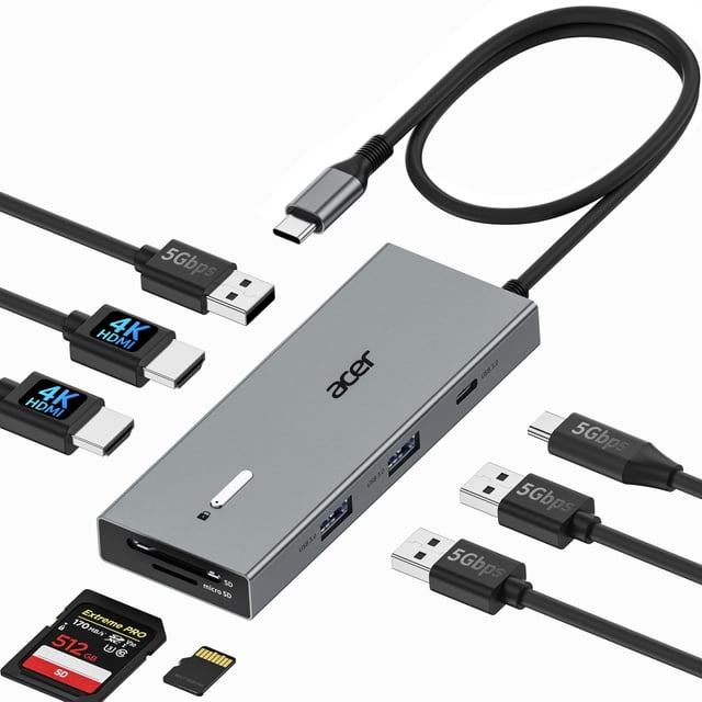 Estación de acoplamiento USB-C Acer 9 en 1 con doble HDMI 4K y Power Delivery de 100 W