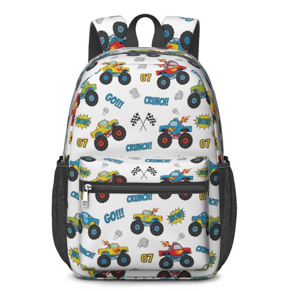 Monster Cartoon Truck White Pattern 17" School Backpacks for Teens,Waterproof Oxford Fabric,S-Shape Padded Straps for School,Travel,Hiking,Camping