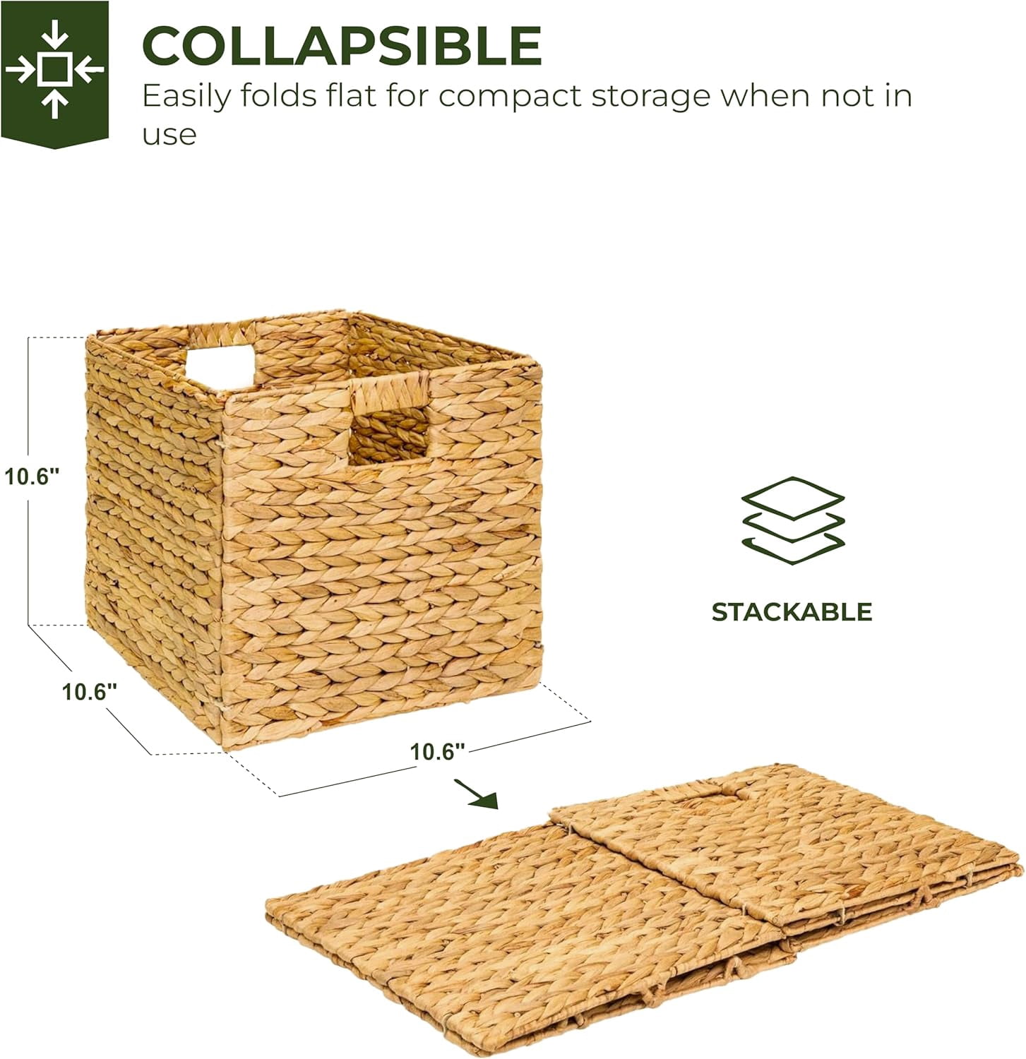 TREVIETDECOR 10.6x10.6in Wicker Storage Baskets, Handwoven Water Hyacinth Foldable Cube Bins Fit 11.6" × 11.6" and Larger Cube Shelves