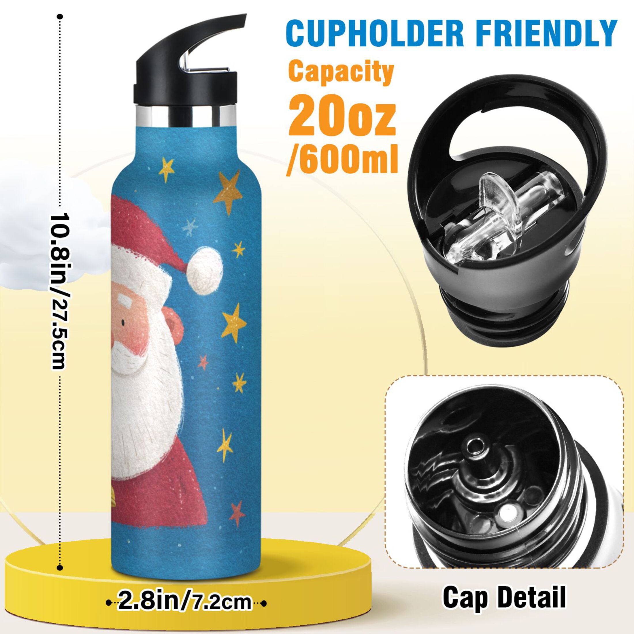 600ML Stainless Steel Insulated Cup Sports Water Bottle Portable Thermos Cup Water Glasses Insulated Tumblers Convenient and Durable Beautiful Cartoon Santa Claus