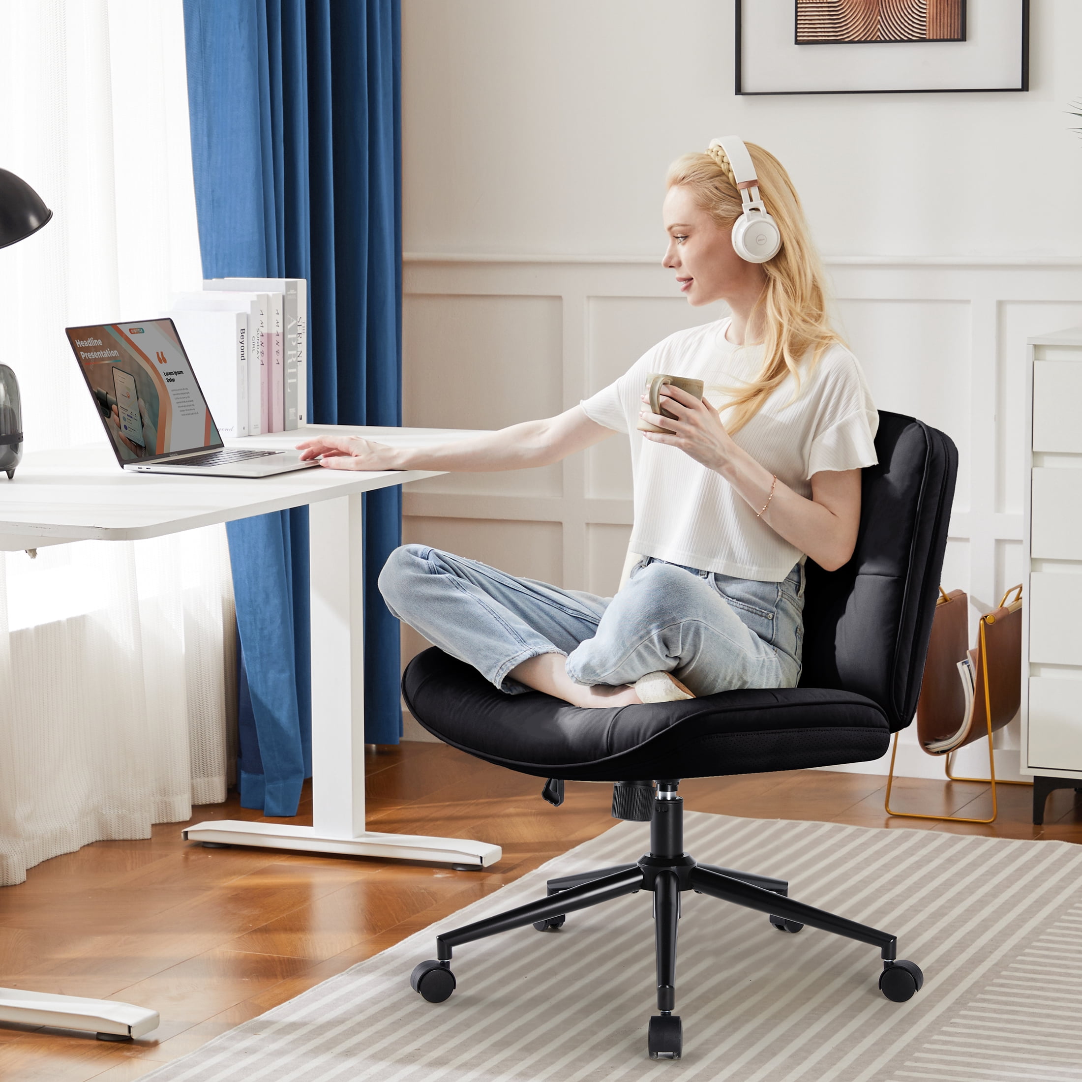 EDX Armless Office Chair with Wheels, Leather Upholstered Wide Seat Home Office Chair, 130° Rocking Mid Back Computer Chair, Perfect for Office, Bedroom, and Makeup, Black