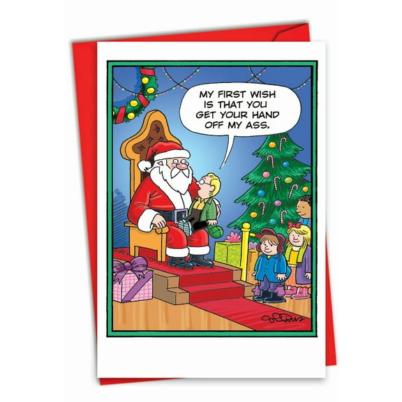 Funny Christmas Greeting Card with 5 x 7 Inch Envelope (1 Card) Merry Christmas Holiday First Wish - Boy on Santa's Lap