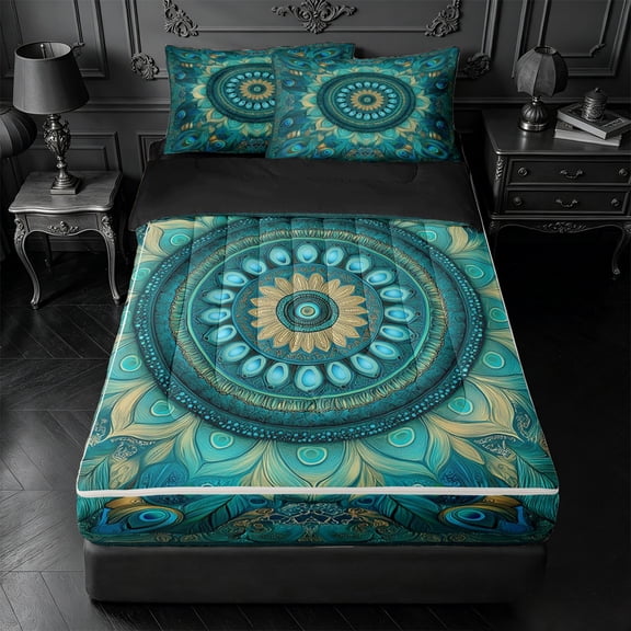 meiyoeat Teal Peacock Pattern Zipper Twin Comforter Sets with Fitted Sheet and 2 Pillowcases For Adults,Vintage Boho Art Zipper Bedding Set For Women,Black Reversible,4-Piece