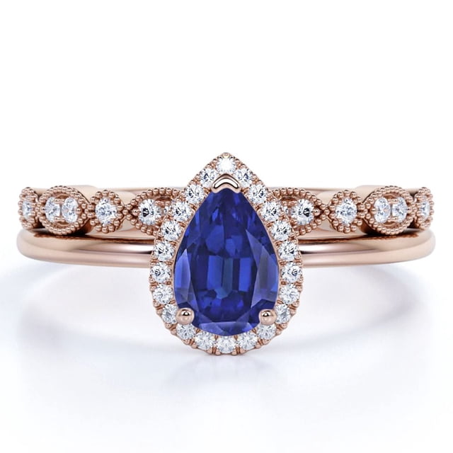 JeenMata Juego de Anillos de Boda de 2 Uds con Forma de Pera, Zafiro Azul Creado en Laboratorio y Halo Infinito para Mujer en Oro Rosa de 18 K sobre Plata