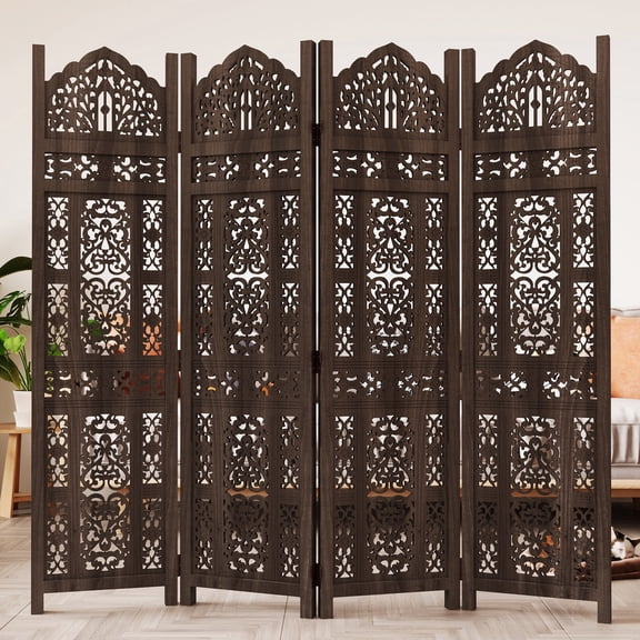 69 Inch Room Divider Wood Screen - 4 Panels Folding Wooden Hand Carved Privacy Screen, Decorative Portable Reversible Functional Freestanding Partition for Home Office Restaurant Bedroom, Dark Brown
