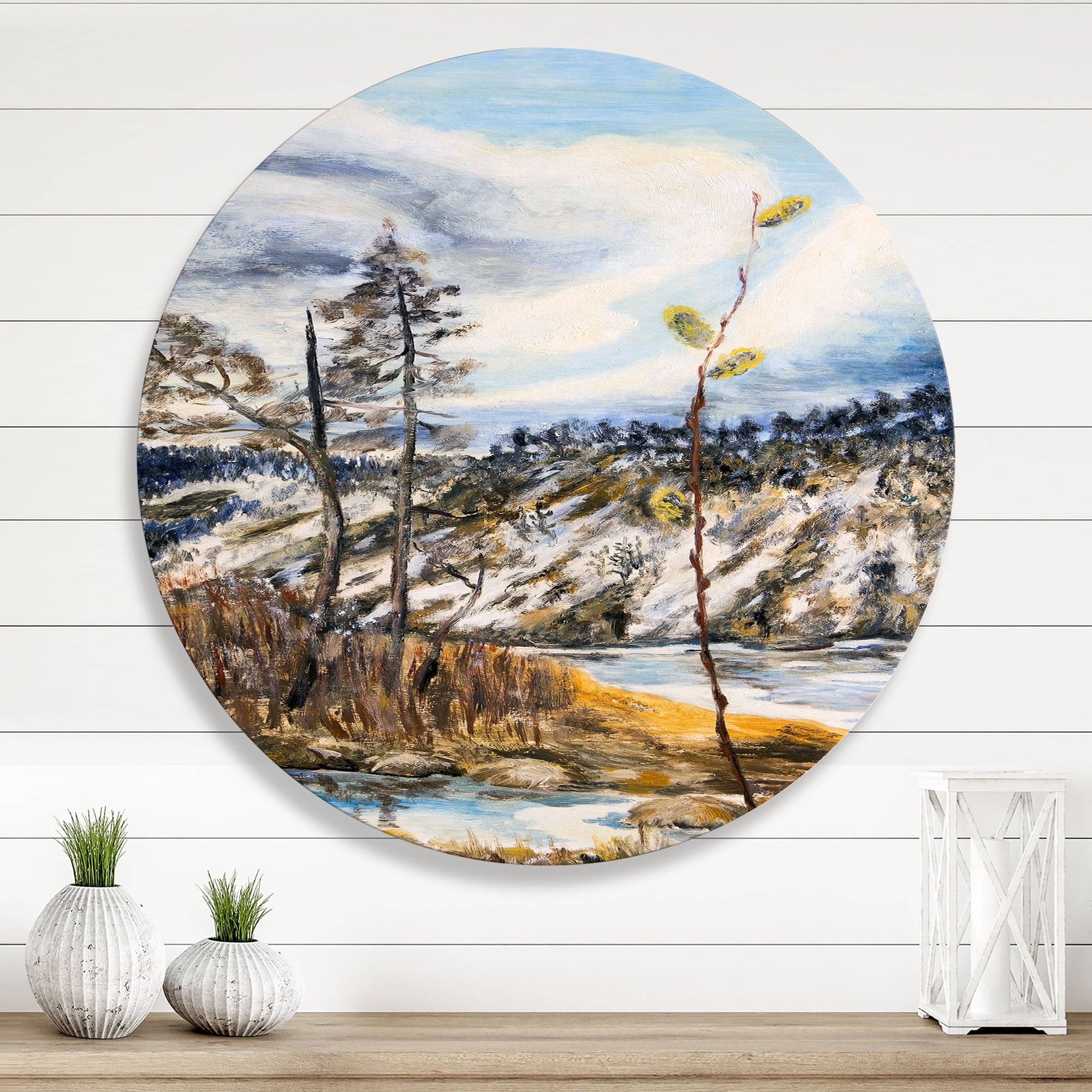 Designart 'The Cloudy Sky and The River With Spring Landscape' Lake House Circle Metal Wall Art 11x11 - Disc of 11