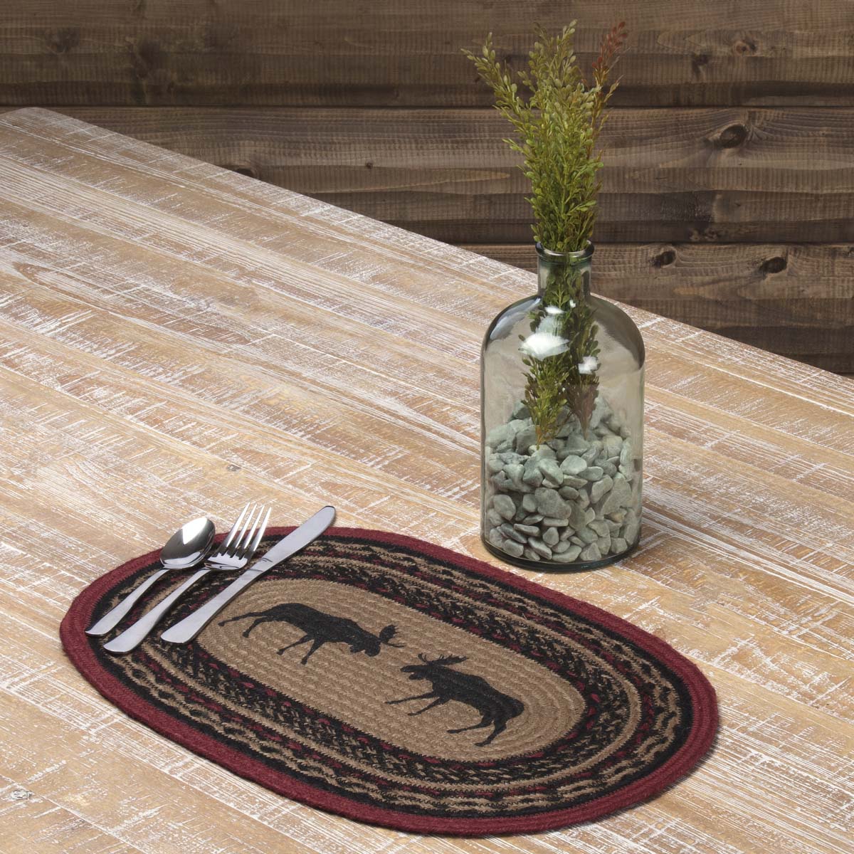 Almond Tan Rustic & Lodge Tabletop Kitchen Shasta Cabin Moose Jute Stenciled Nature Print Oval