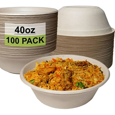 [100 Pack] 40 oz Round Disposable Compostable Paper Bowls Heavy-Duty, Eco-Friendly Natural Bagasse Unbleached, Heat Resistant, 100% Biodegradable Salad Bowls Alternative to Plastic