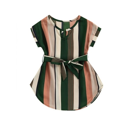 

Kids Girls Casual Summer Dress Short Sleeve V-Neck Color Contrast Printed Patchwork Dress with Belt