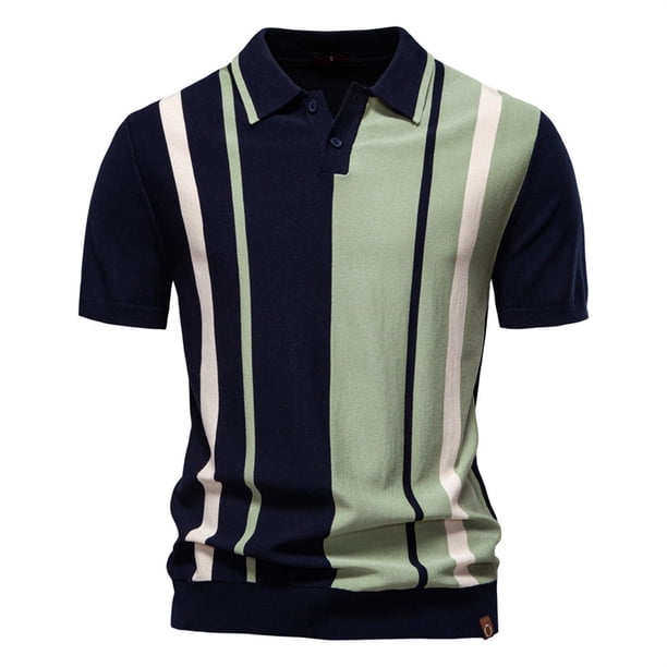 Ceisia Vertical Stripe Knit Top Men's Slim Fit Short Sleeve Casual Button-Down Shirt Navy L Gifts