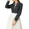 thumbnail image 6 of MODA NOVA Junior's Tie Ruffle Neck Polka Dots Bell Long Sleeves Blouse Black-Polka Dots S, 6 of 6