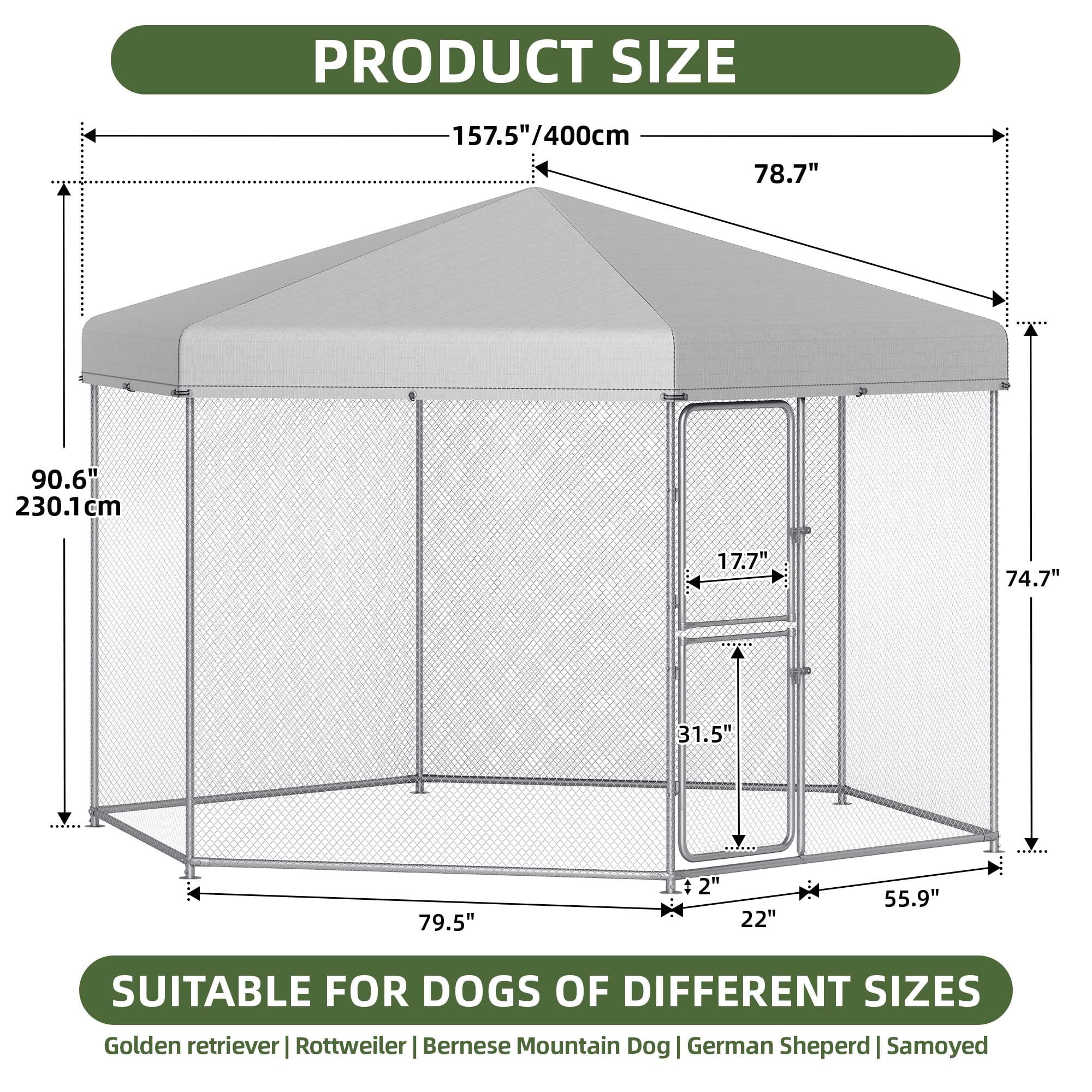 Uforic 13×11×7.6 FT Heavy Duty Outdoor Dog Kennel, Metal Dog House with UV-resistant Tarpaulin and Double-door Lock, Wire Dog Cage for Large Dogs, Silver