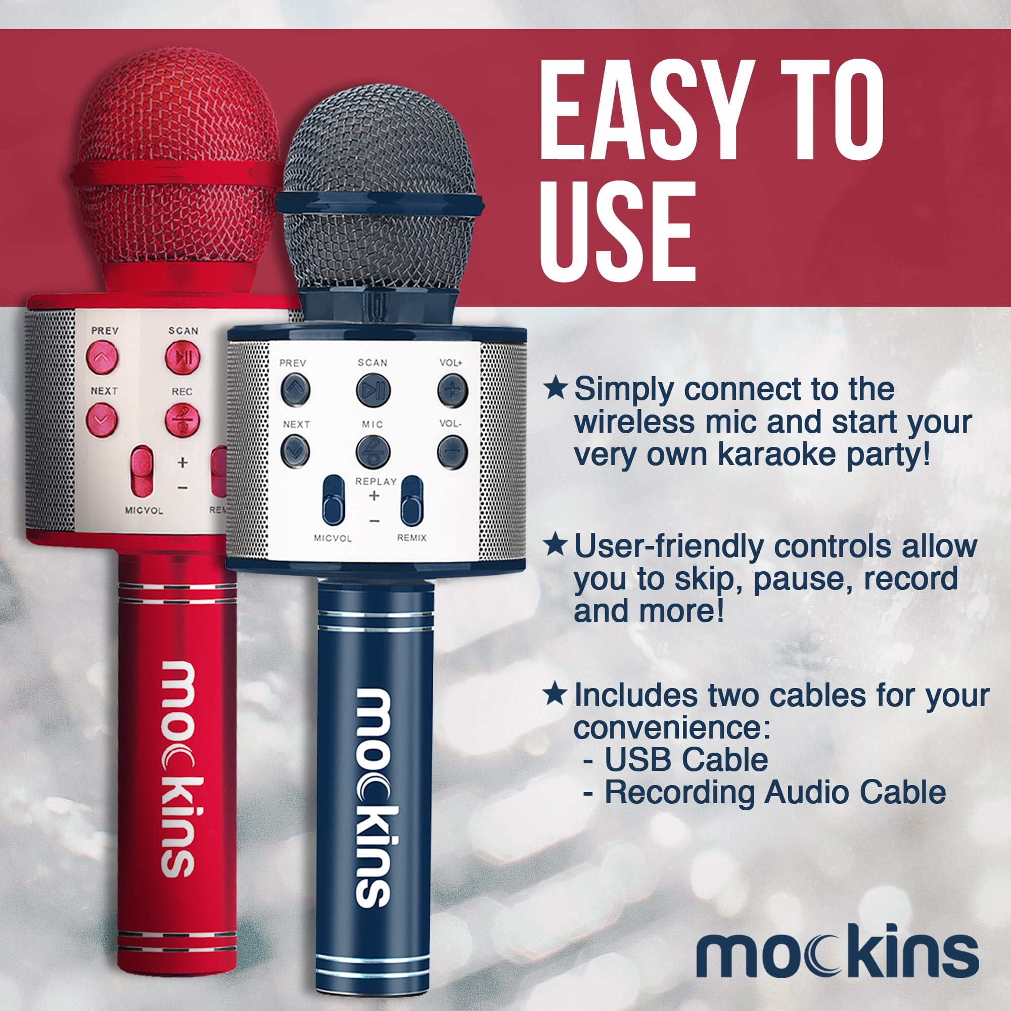 Mockins Navy & Red Karaoke Microphones with Bluetooth Speakers | Portable - Compatible with Android and IOS Devices | 2-Pack