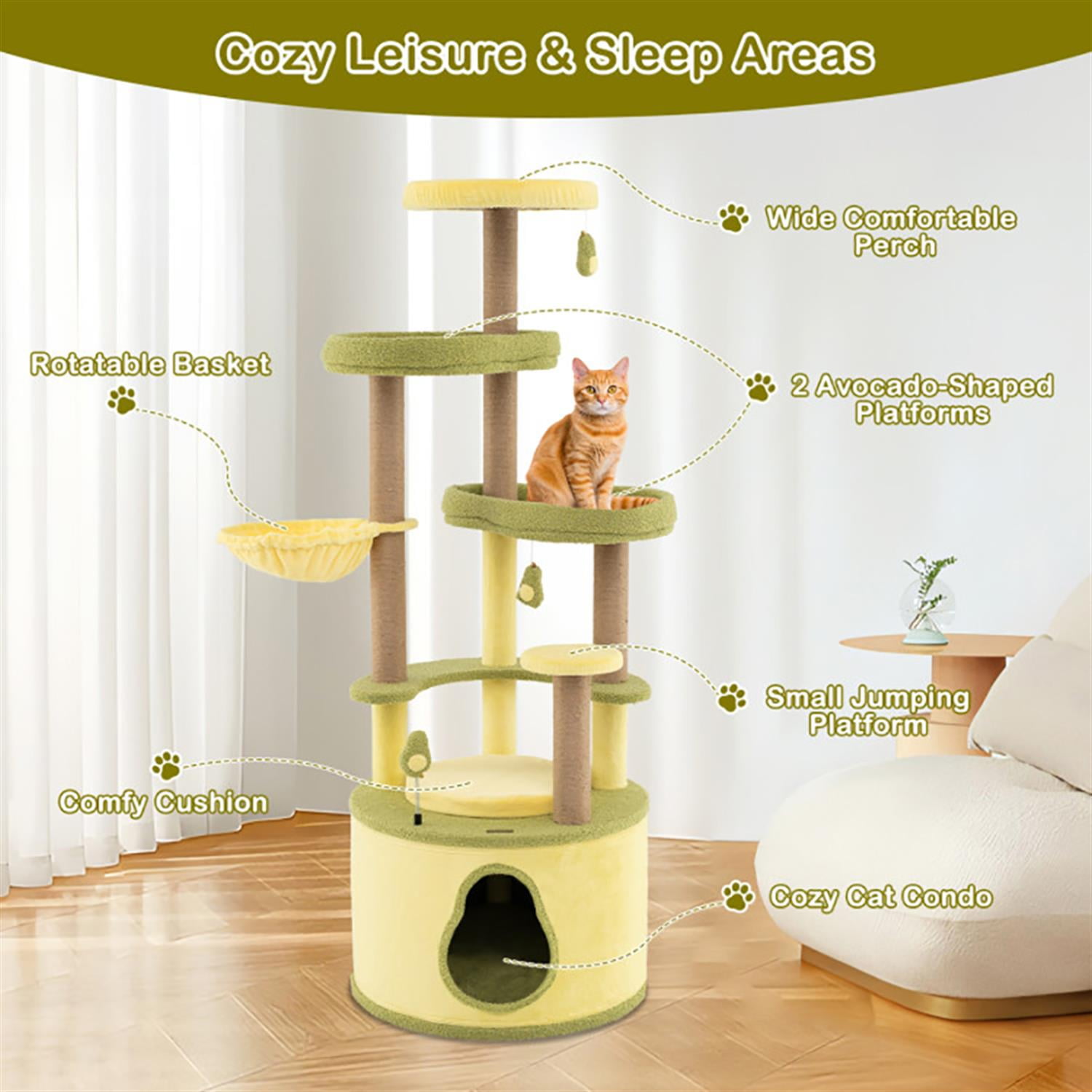 Kadyn 62" Cat Tree Tower with Private Condo for Indoor Cats, Multifunctional Plush Cat House with Scratching Posts and Padded Top Perch, Green