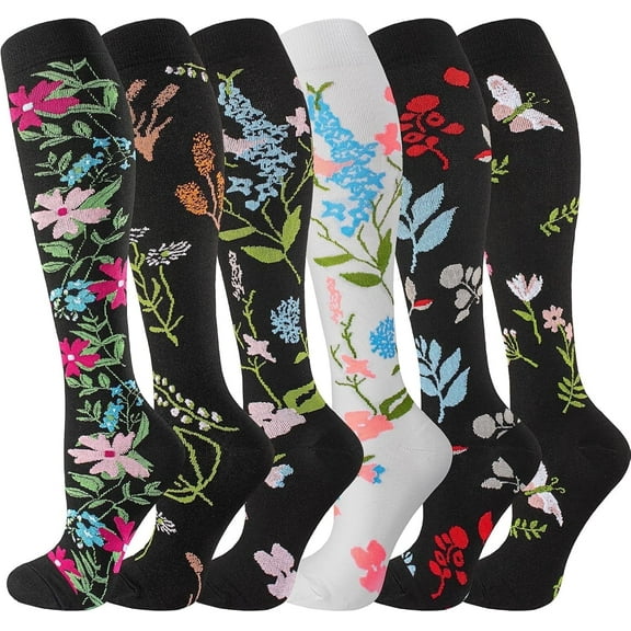 6 Pairs Compression Socks for Women & Men Circulation-Support Knee High Socks for Running,Travel,S/M