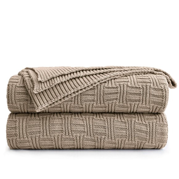 Couverture en Tricot de Coton Kaki pour Canapé Lit avec Sac de Lavage Bonus - Grande 60 x 80 Épaisseur, 3.4 LB, Lavable en Machine, Décoration Confortable pour la Maison