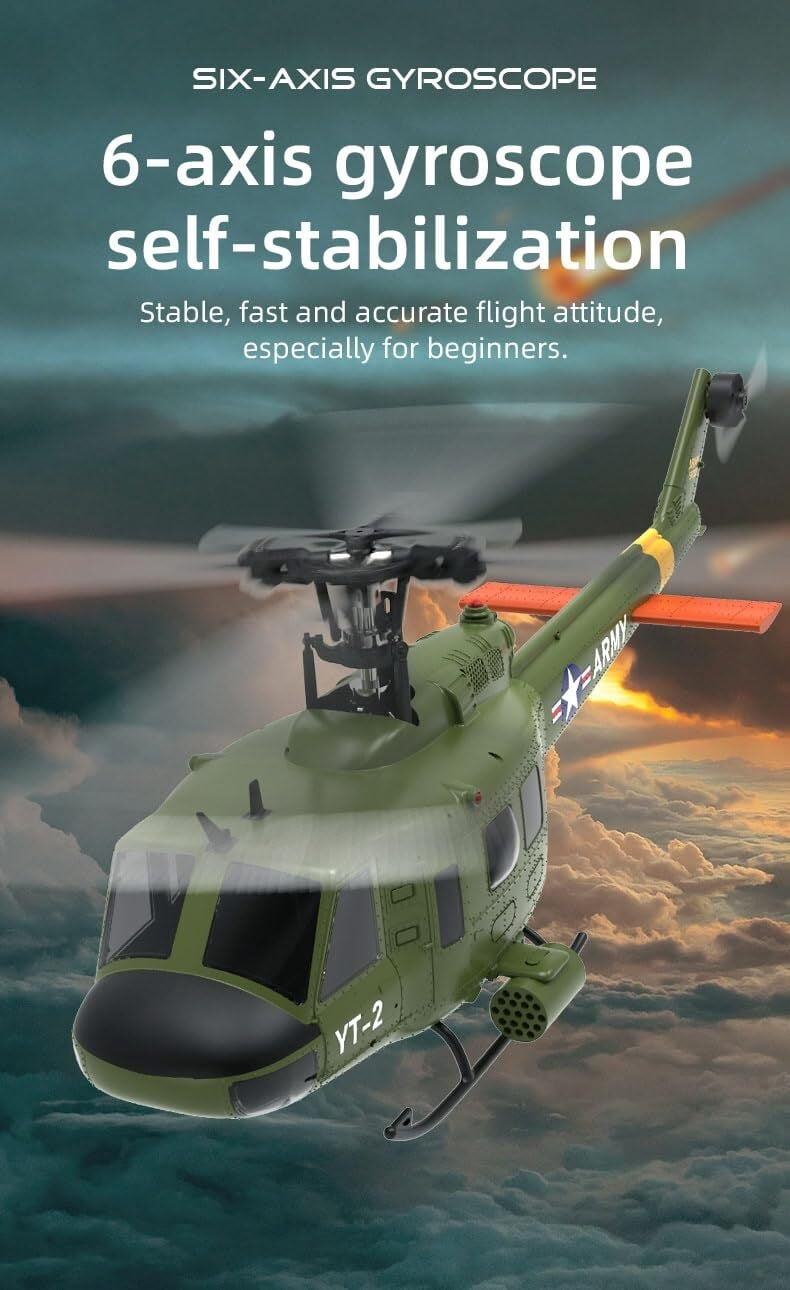 UH-1D RC Helicopter for Adults - 1/34 Scale 2.4G 6CH Brushless Flybarless Model with 6-Axis Gyro (Includes 2 Batteries) - Perfect for Hobbyists and Collectors