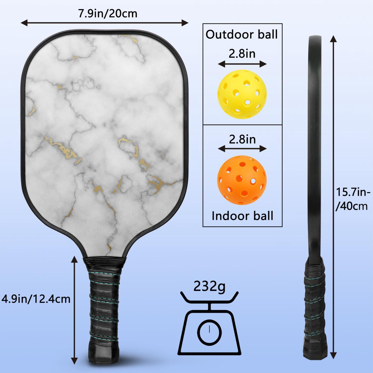 Pickleball Paddles Set Of 2, Fiberglass Surface, Turquoise Marble Pattern, 4 Balls & Bag