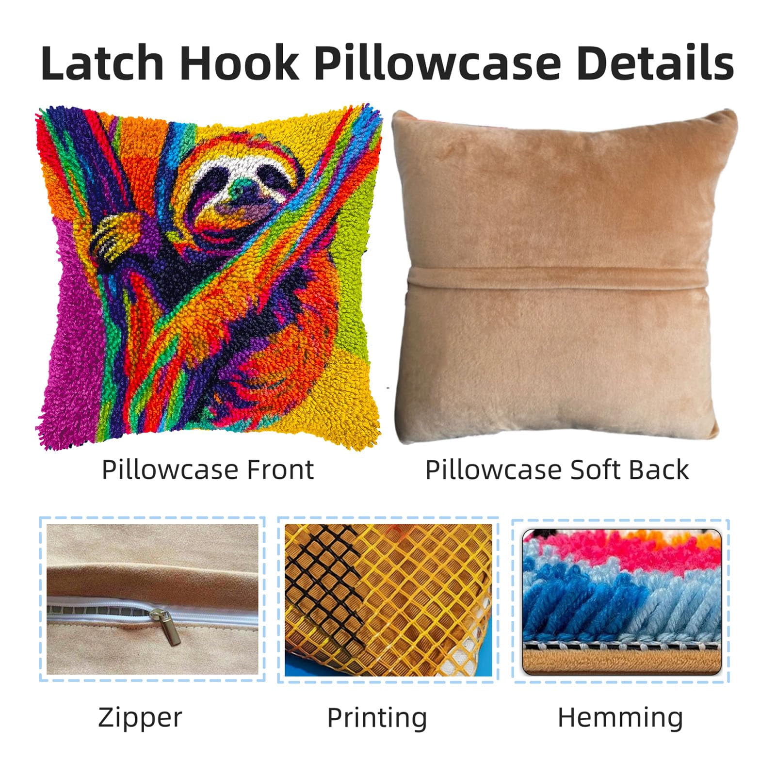 Colored Sloth on Tree DIY Latch Hook Pillow Kits for Adults Printed Pillowcase Crochet Yarns Hooking Handmade Pillow Cover Cushion for Home Sofa Decoration 17x17inch(2)