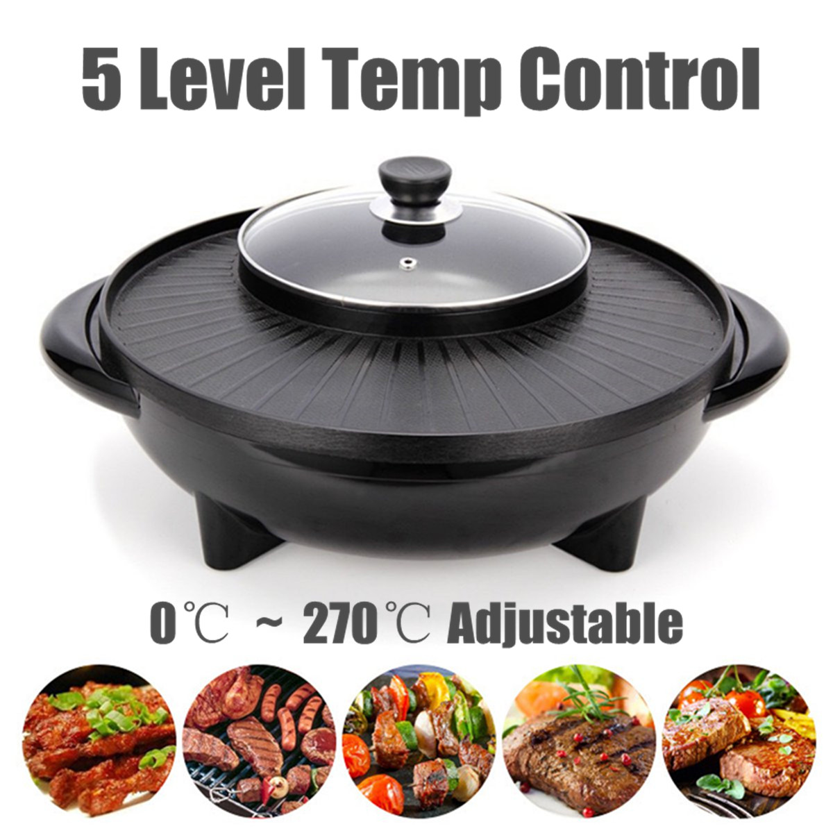 Electric Grills,2 in 1 Electric Hot Pot and Grill Household Non-Stick Hot Pot and BBQ Grill with Glass Lid 1350W Adjustable Barbecue Grill Plate with Hot Pot Round Cook Frying Plate for Home Kitchen