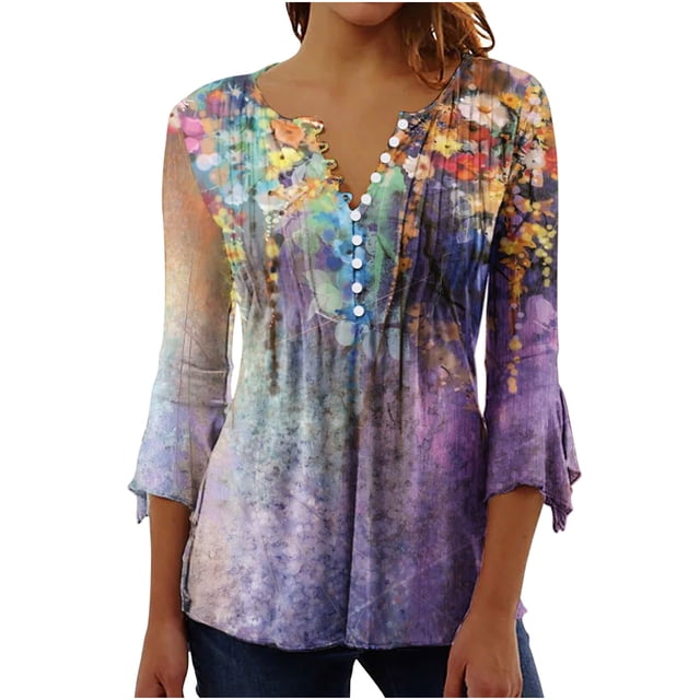 Birdeem Blouse d'Été Aguichant pour Femmes, Manches 3/4, Col en V, Boutons