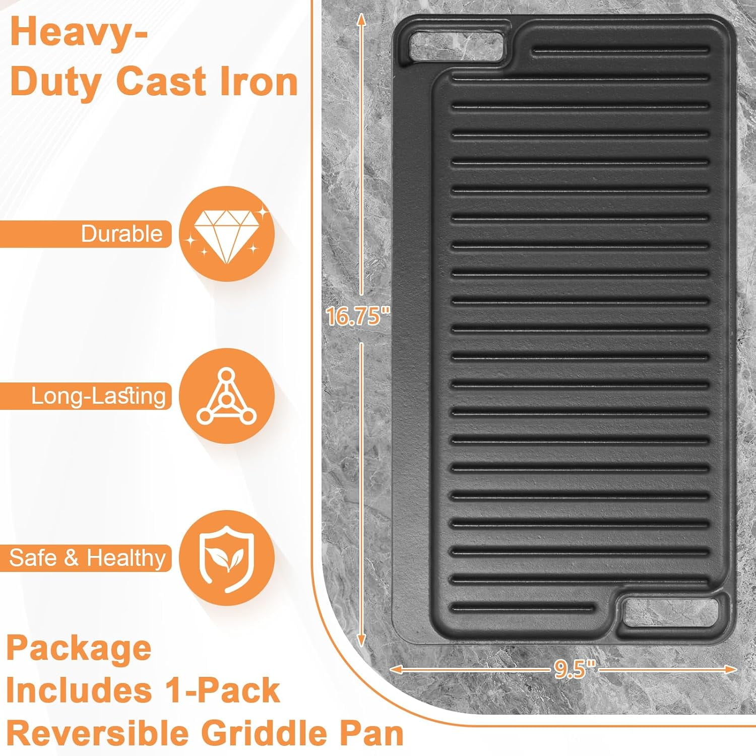 Large Cast Iron Griddle Insert,  Skillet, Reversible Pancake Pan for Gas Stove, Oven & Campfire