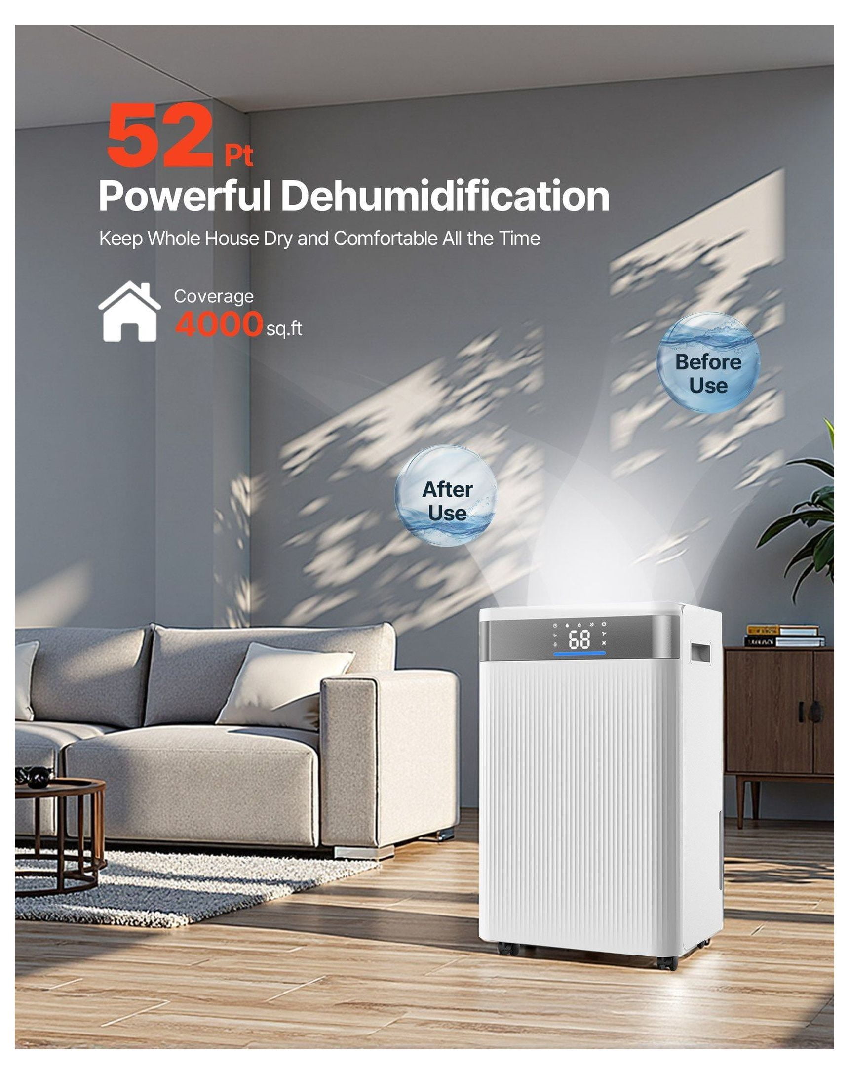 52 Pint Dehumidifier for Home Basement, Smart Control Low Noise Dehumidifier, Efficient Humidity Remover for Bedroom, Living Room, Cellar