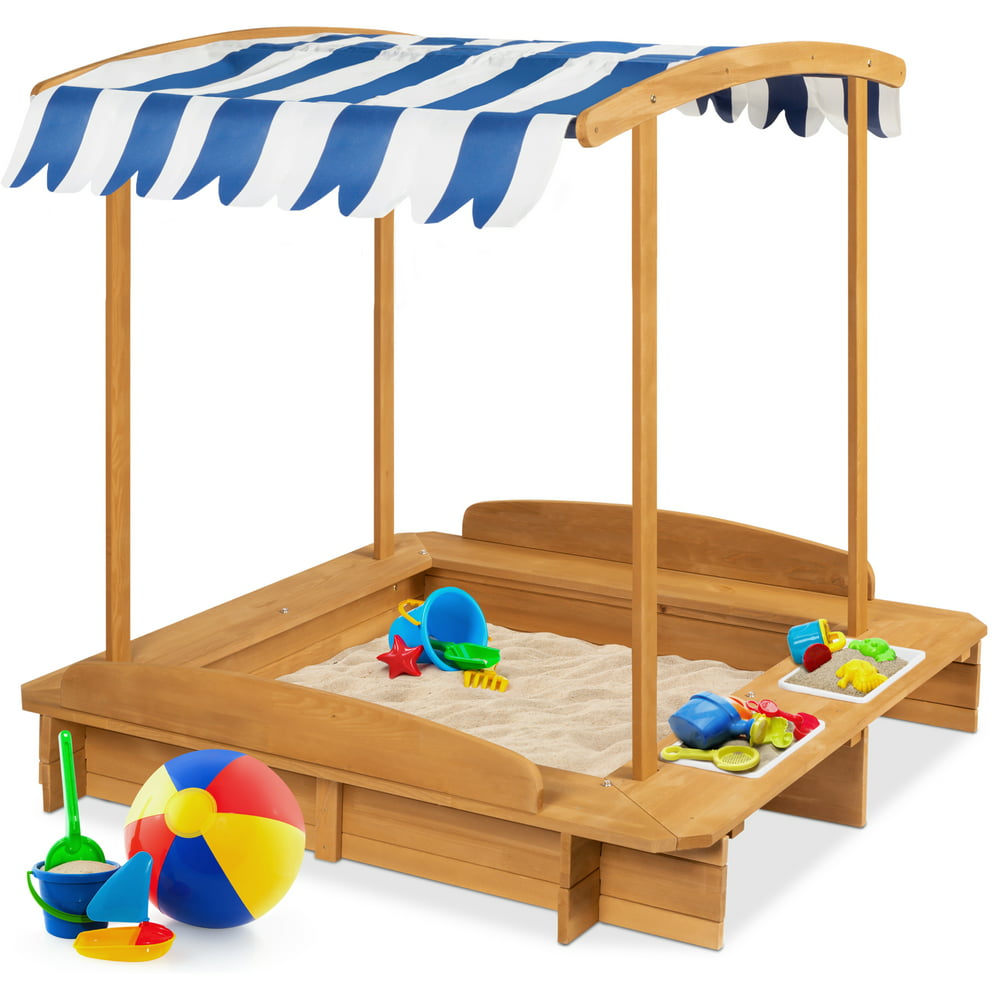 Best Choice Products Kids Wooden Cabana Sandbox w/ Bench Seats, UVResistant Canopy, Sandpit
