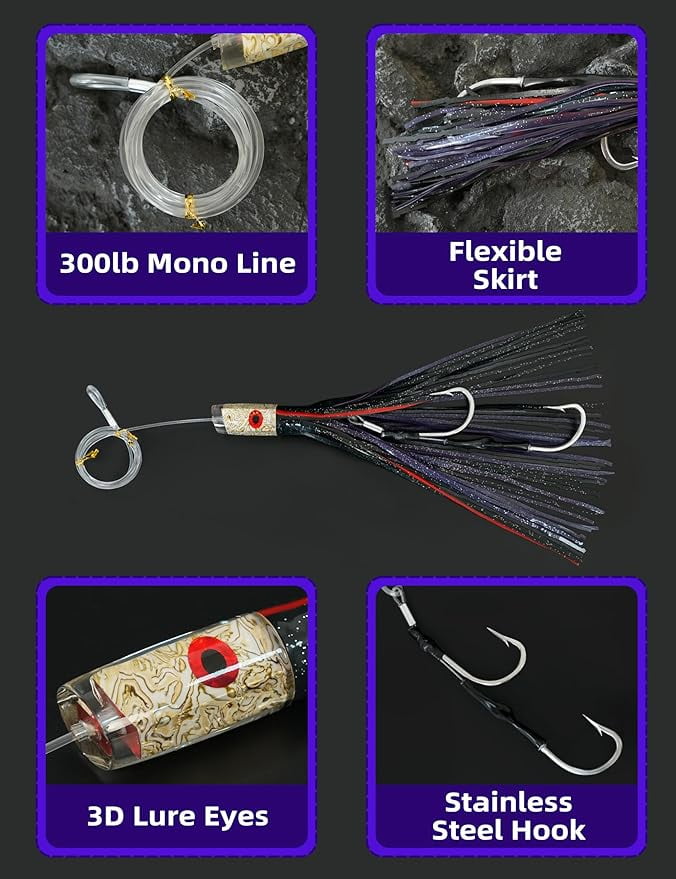 BLUEWING 15in Big Game Trolling Lure with Double Rigged Hookset and 300lb High Strength Fishing Line Saltwater Fishing Lures for Wahoo Tuna Marlin Mahi Mahi Black/Purple