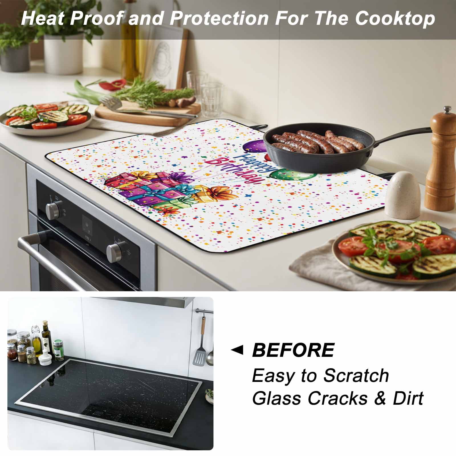 Happy Birthday Stove Top Cover for Electric Stove, Heat-proof & Non Slip Glass Top Stove Cover Protector, Colorful Balloon Gifts Patterns Kitchen Flat Cooktop Rubber Mat 24x21 Inches