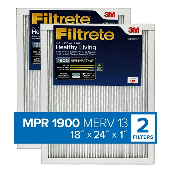 Filtrete 18x24x1, AC Furnace Air Filter, MPR 1900, Healthy Living Ultimate Allergen, 2-Pack (exact dimensions 17.81 x 23.81 x 0.78)